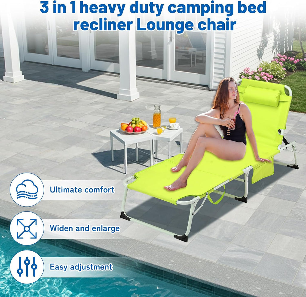 Green Folding Reclining Tanning Lounge Chair with Face Hole & Cushion