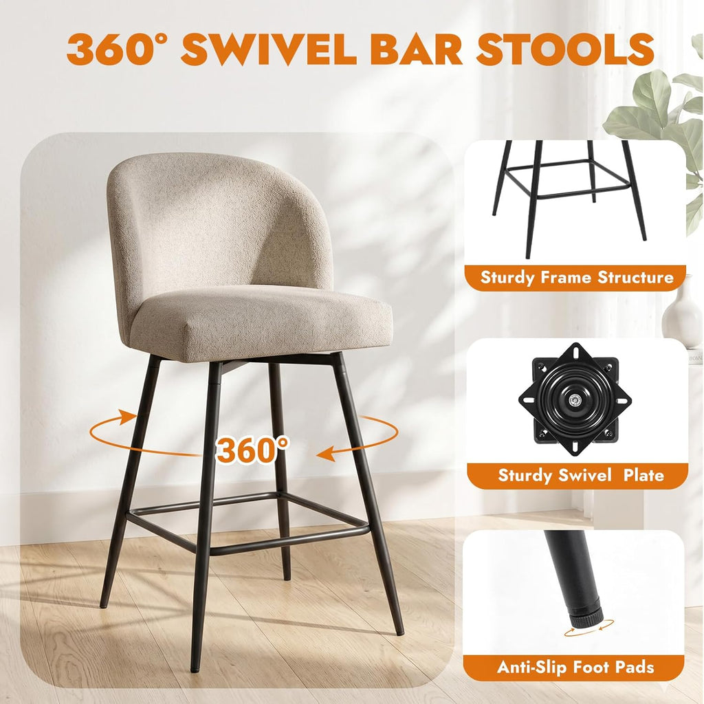 26" Redish Sand Linen Swivel Counter Bar Stools Set of 2 with Back & Metal Legs