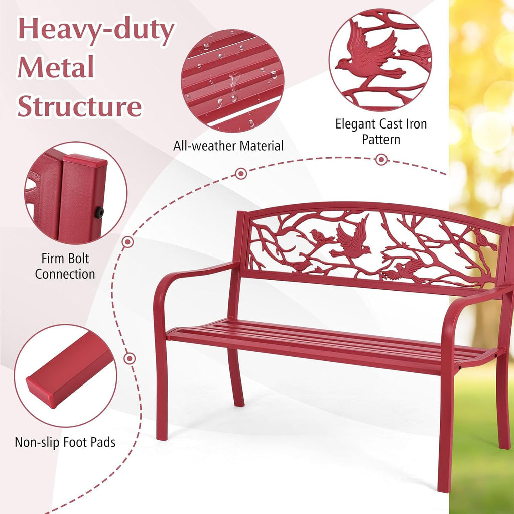 2-3 Seater Metal Patio Bench with Cast Iron Bird Twig Backrest