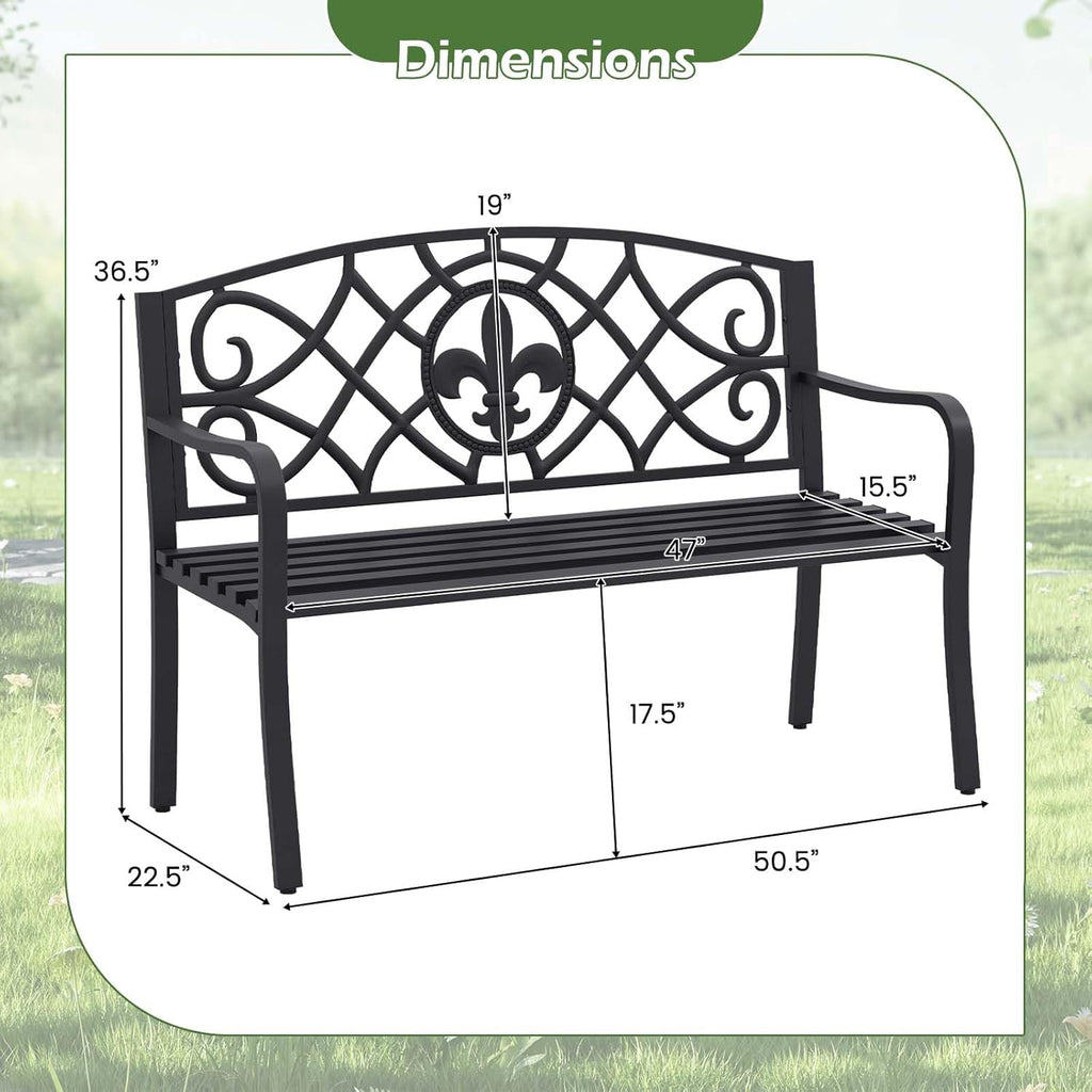 50.5" Black Floral Cast Iron Back Metal Outdoor Bench 660 LBS