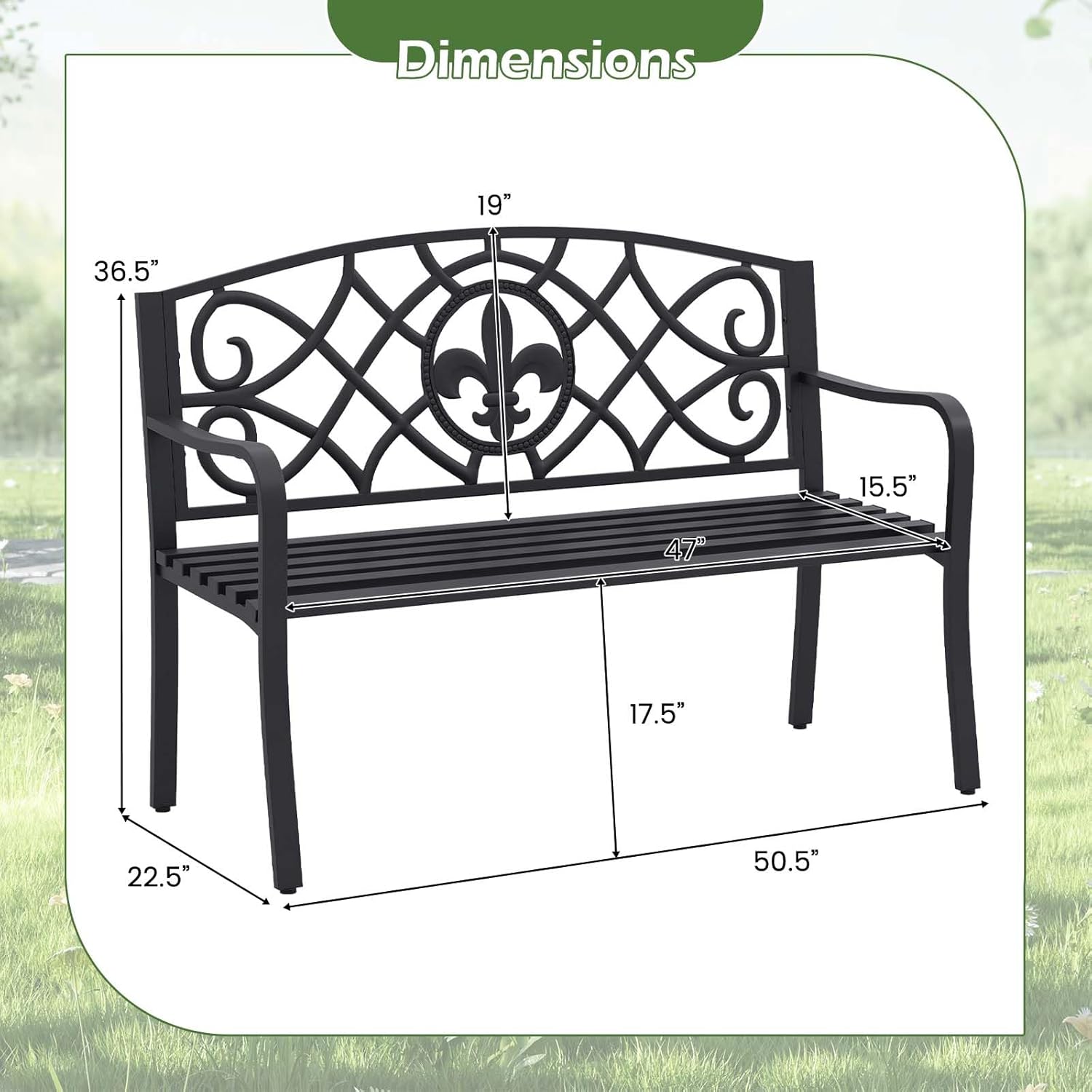 50.5" Black Floral Cast Iron Back Metal Outdoor Bench 660 LBS
