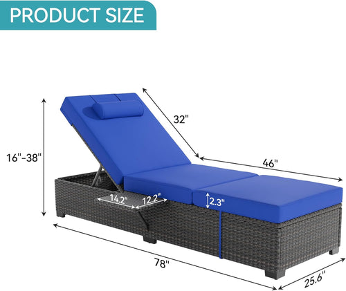 2 Pack PE Wicker Adjustable Lounge Chairs with Cushions, Blue