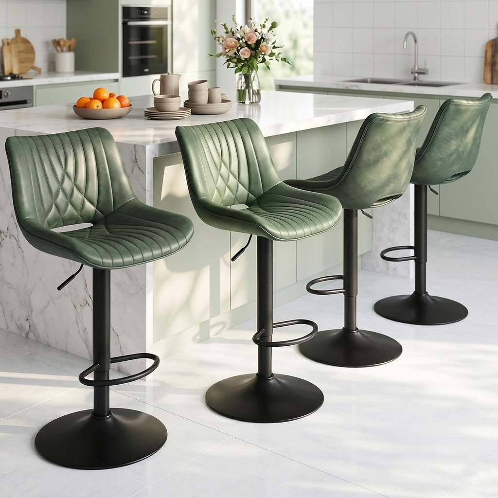 Green Adjustable Swivel PU Leather Counter Bar Stools Set of 2 with Open Back & Footrest