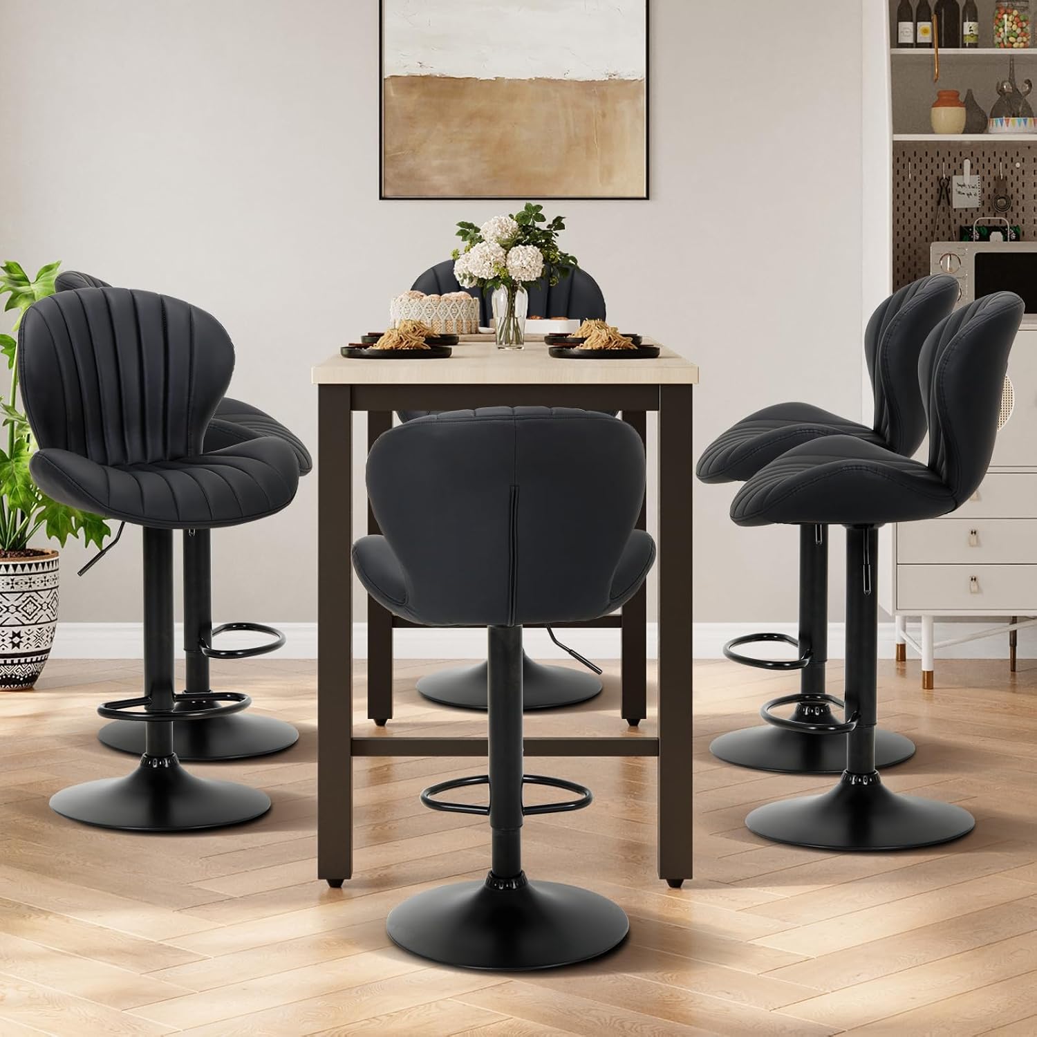 Black Modern Swivel Adjustable Faux Leather Counter Bar Stools Set of 4 with High Backrest