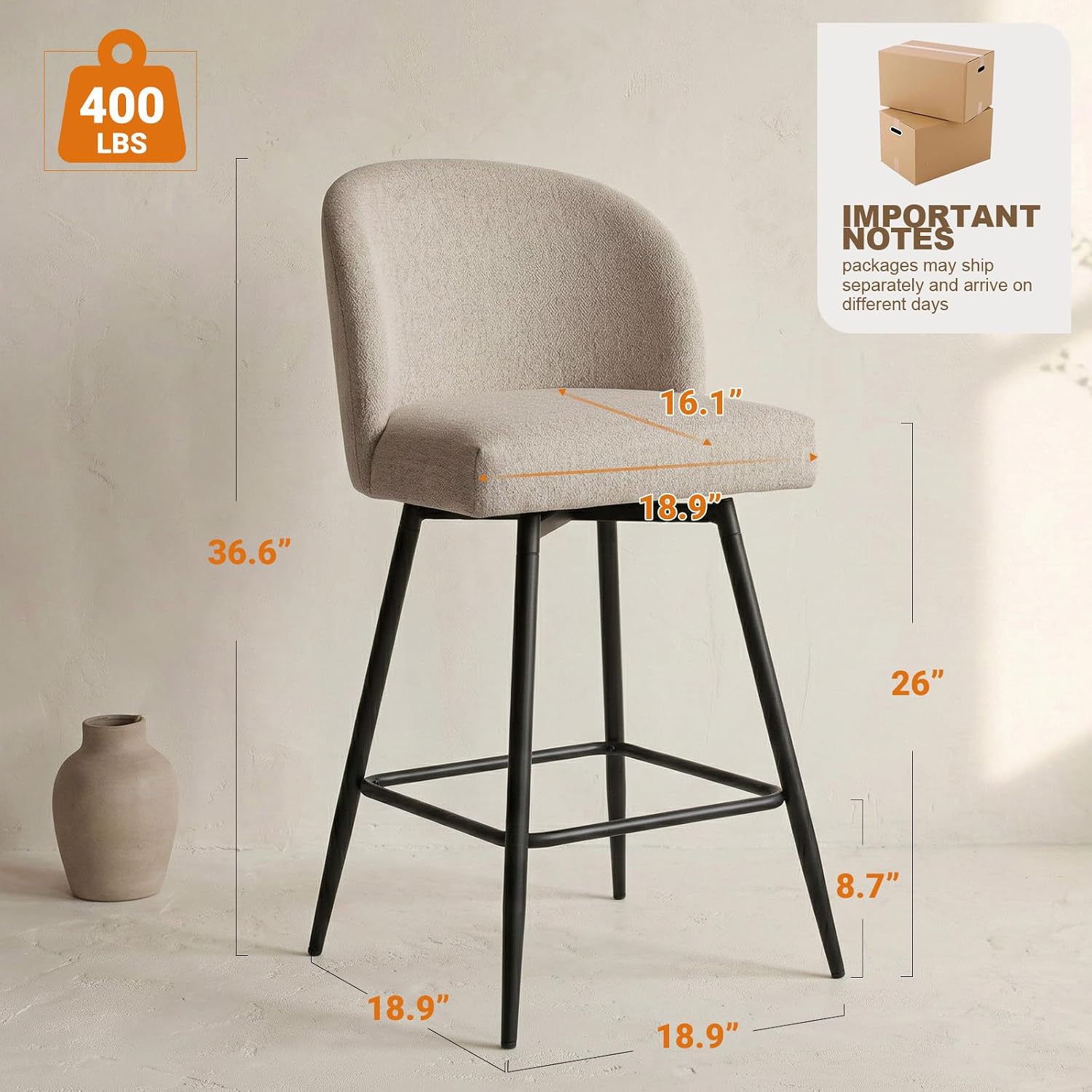 26" Redish Sand Linen Swivel Counter Bar Stools Set of 2 with Back & Metal Legs