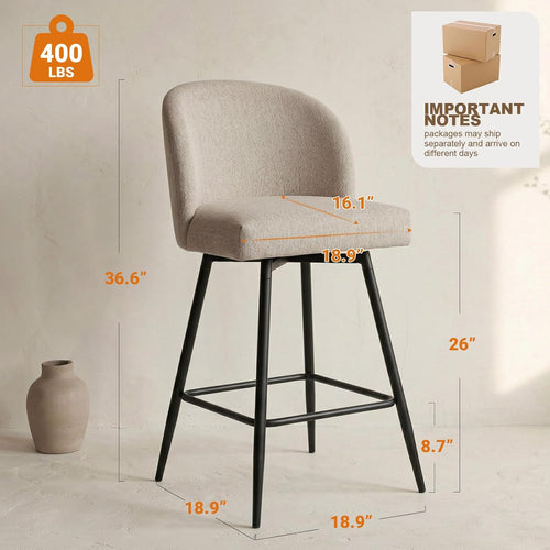 26" Redish Sand Linen Swivel Counter Bar Stools Set of 2 with Back & Metal Legs
