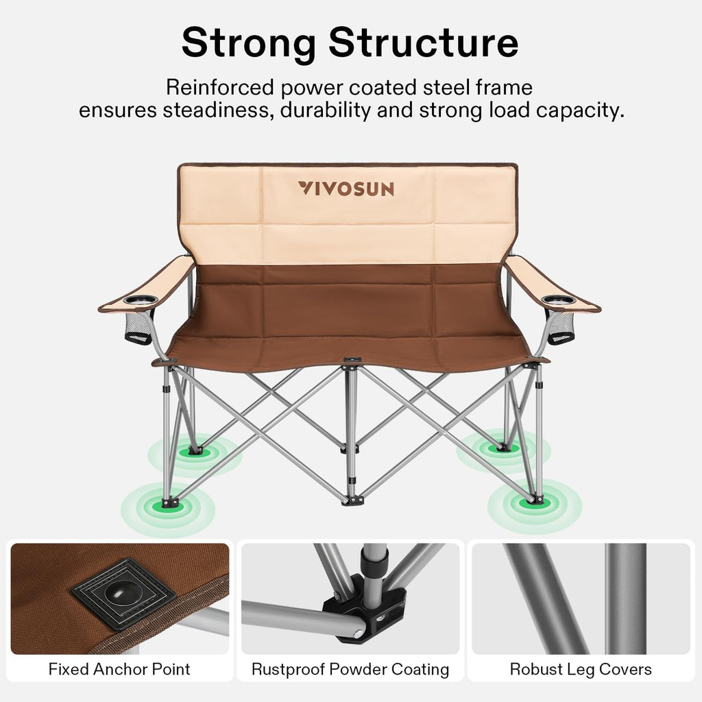 Padded Double Folding Camping Loveseat with Cup Holders & Carry Bag