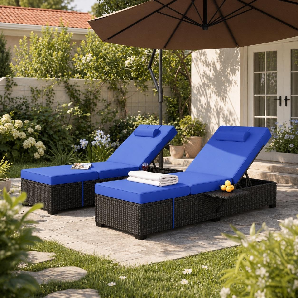 2 Pack PE Wicker Adjustable Lounge Chairs with Cushions, Blue