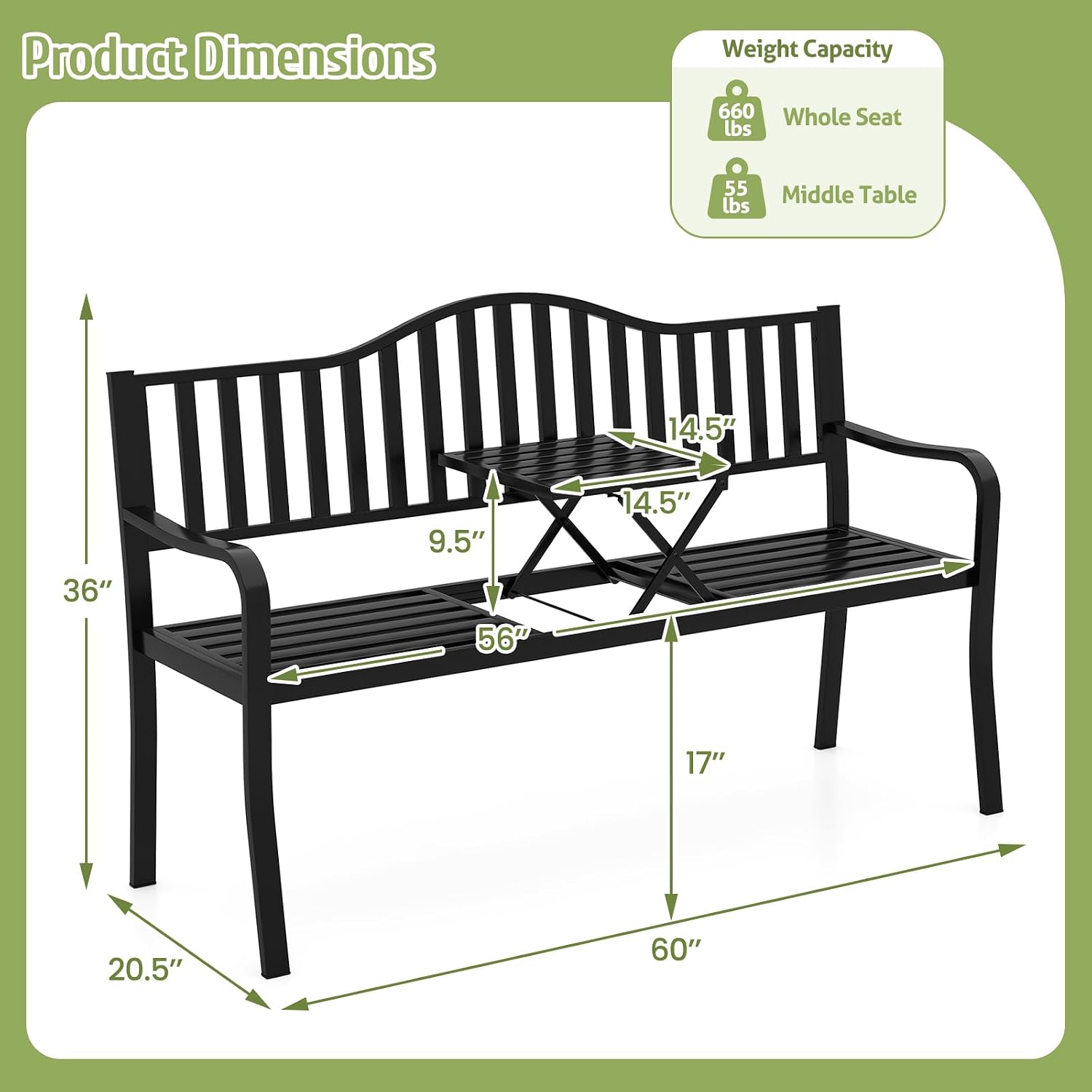 60" Metal 2-3 Person Patio Bench with Pull-Out Table, 660 LBS Capacity