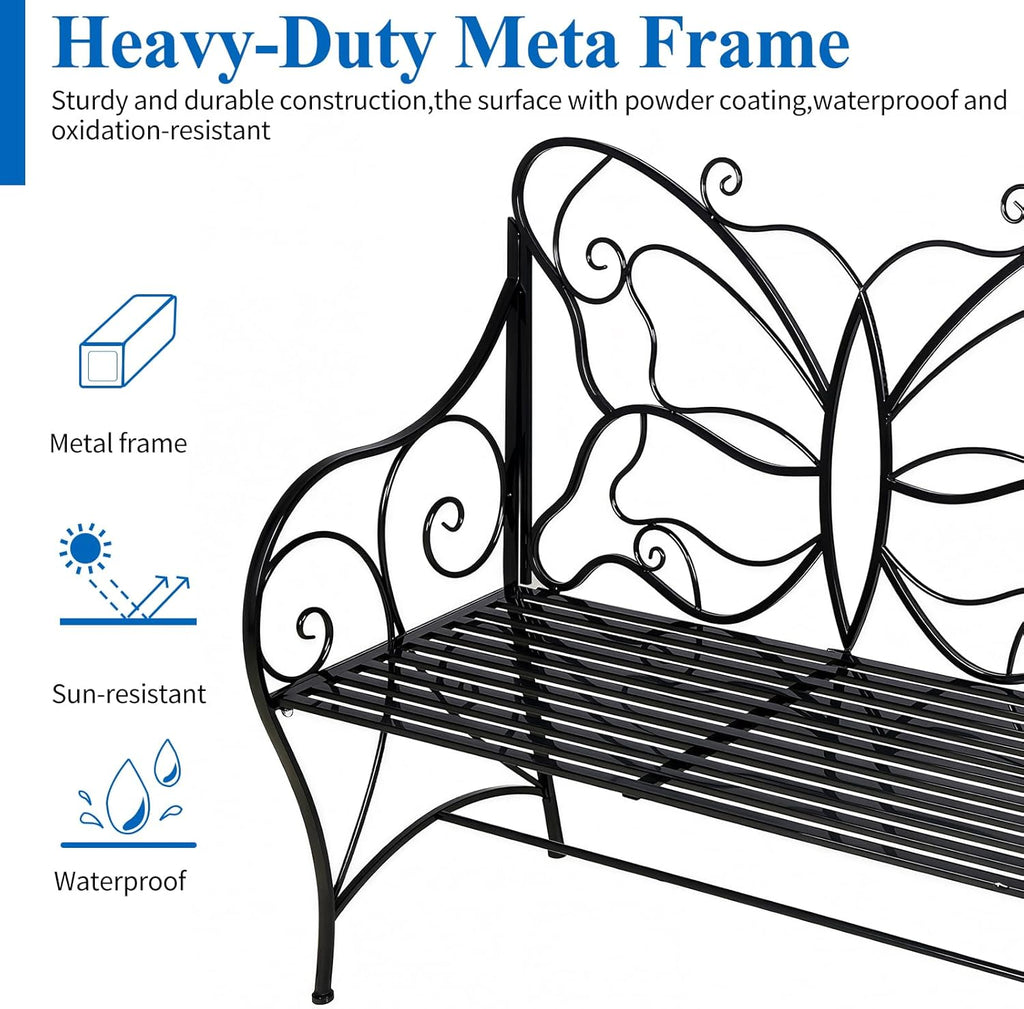 2-Seat Butterfly Cast Iron Rust Resistant Outdoor Bench with Armrests