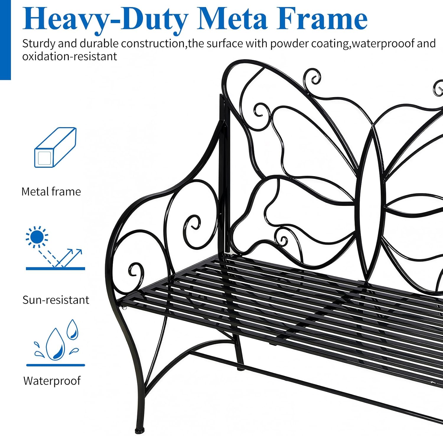 2-Seat Butterfly Cast Iron Rust Resistant Outdoor Bench with Armrests