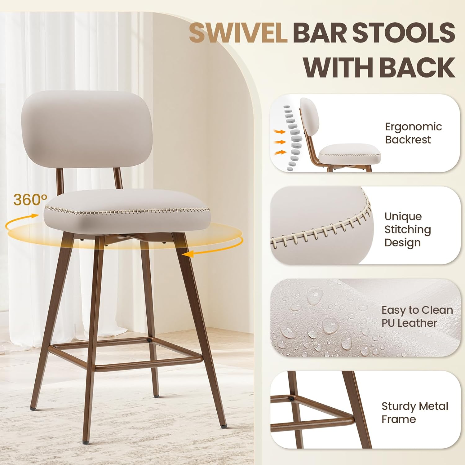 Beige 26in PU Leather Swivel Counter Bar Stools Set of 2 with Low Back Metal Legs