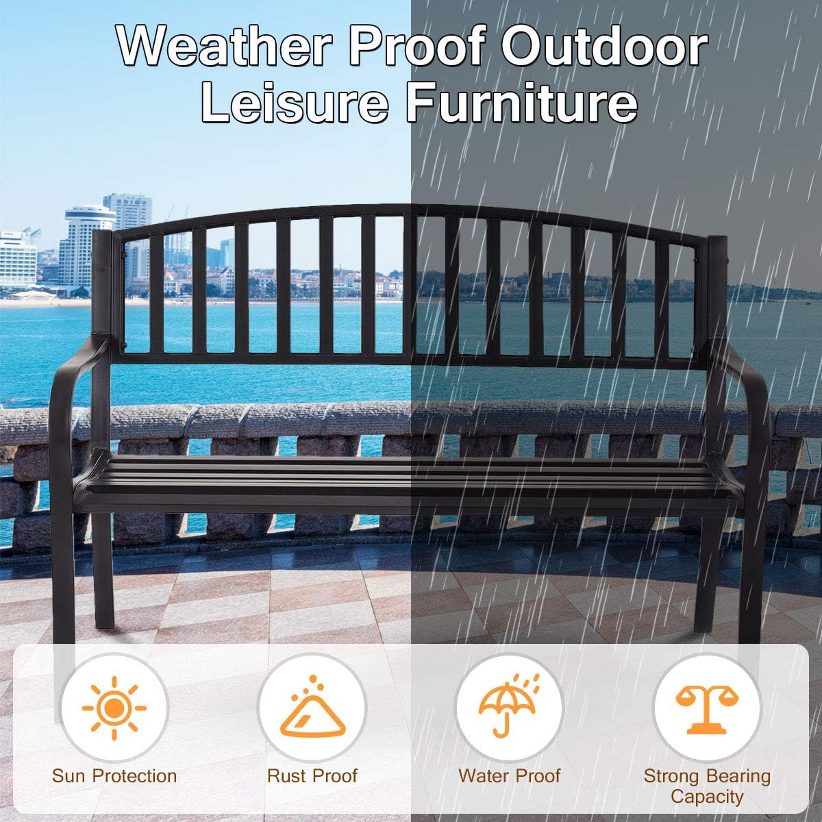 50" Black Steel Frame Outdoor Patio Bench 500 LBS Capacity