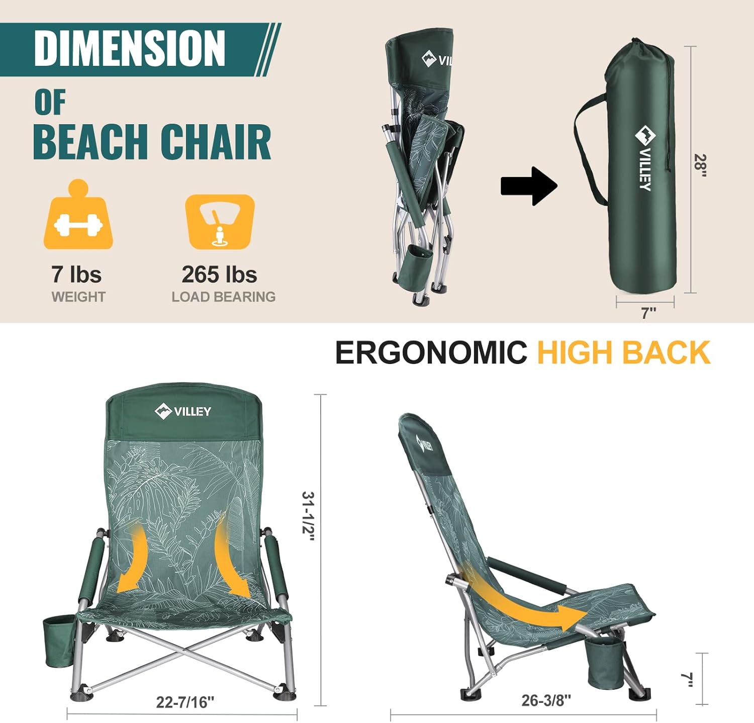 Vintage Green Leaves High Back Folding Beach Chair with Cup Holder & Carry Bag