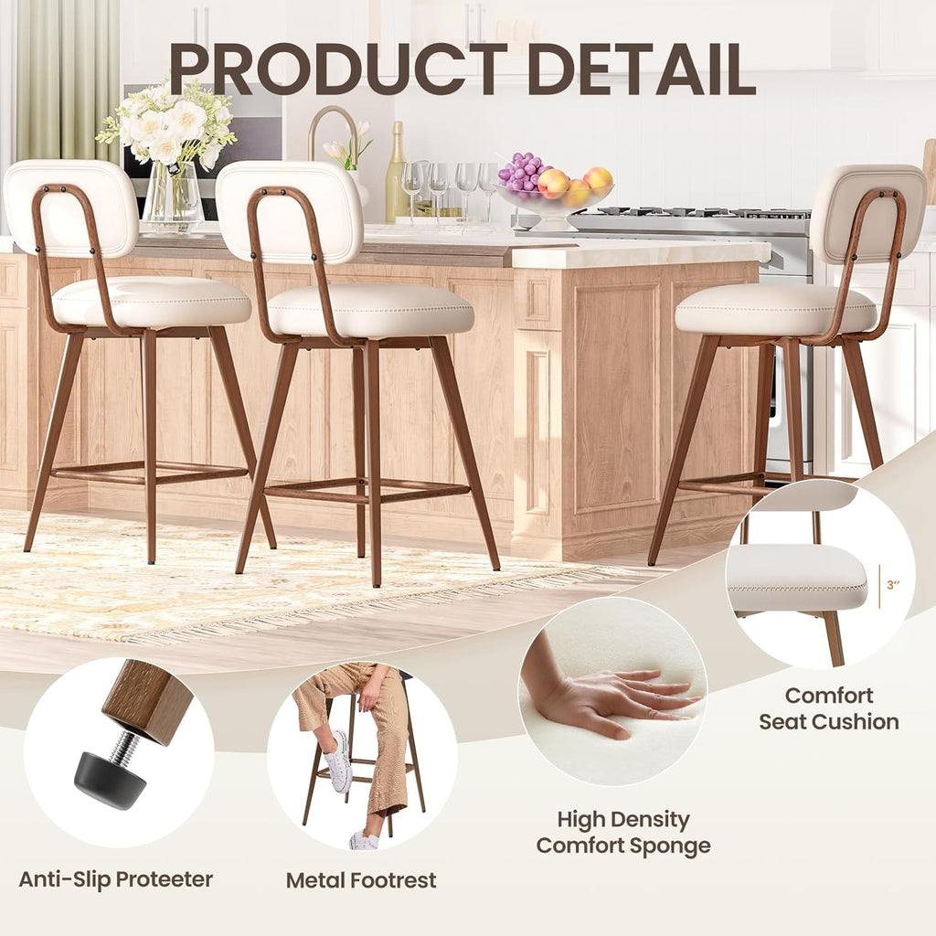 Beige 26in PU Leather Swivel Counter Bar Stools Set of 2 with Low Back Metal Legs