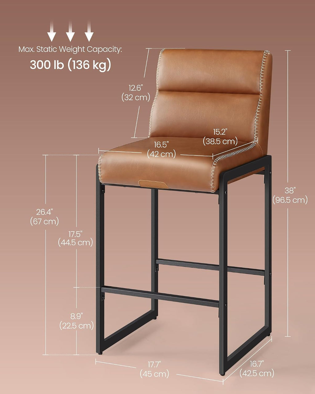 Caramel Brown 26.4in Mid-Century PU Counter Bar Stools Set of 2