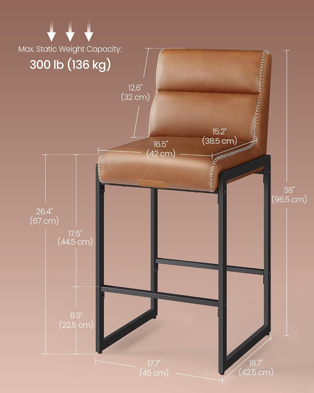 Caramel Brown 26.4in Mid-Century PU Counter Bar Stools Set of 2