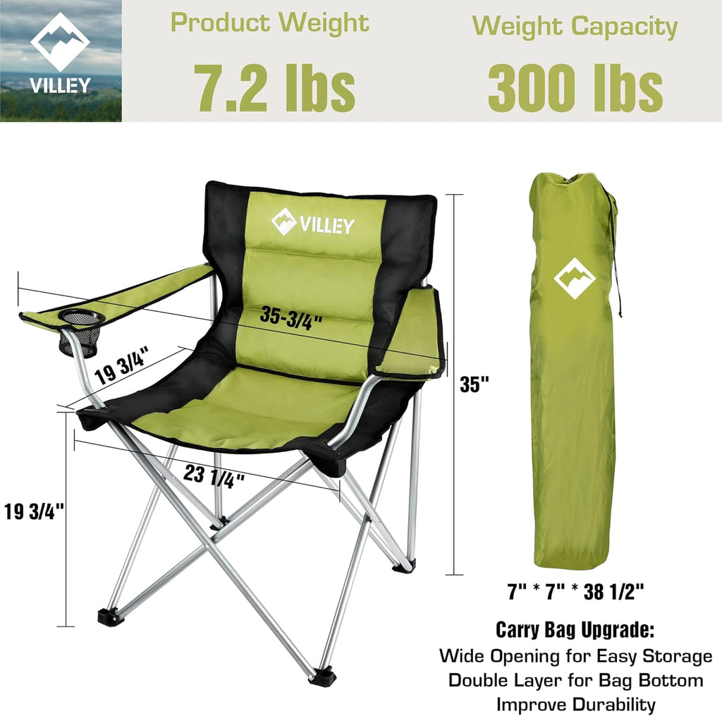 Green Padded High Back Folding Camping Chair with Cup Holder & Carry Bag