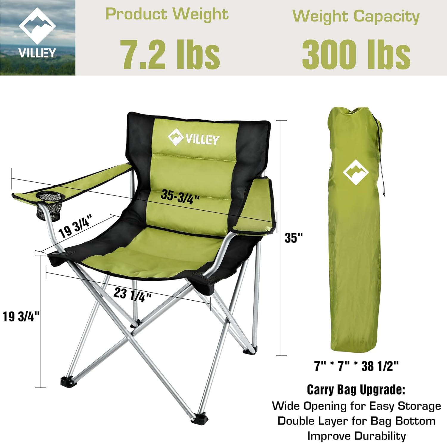 Green Padded High Back Folding Camping Chair with Cup Holder & Carry Bag