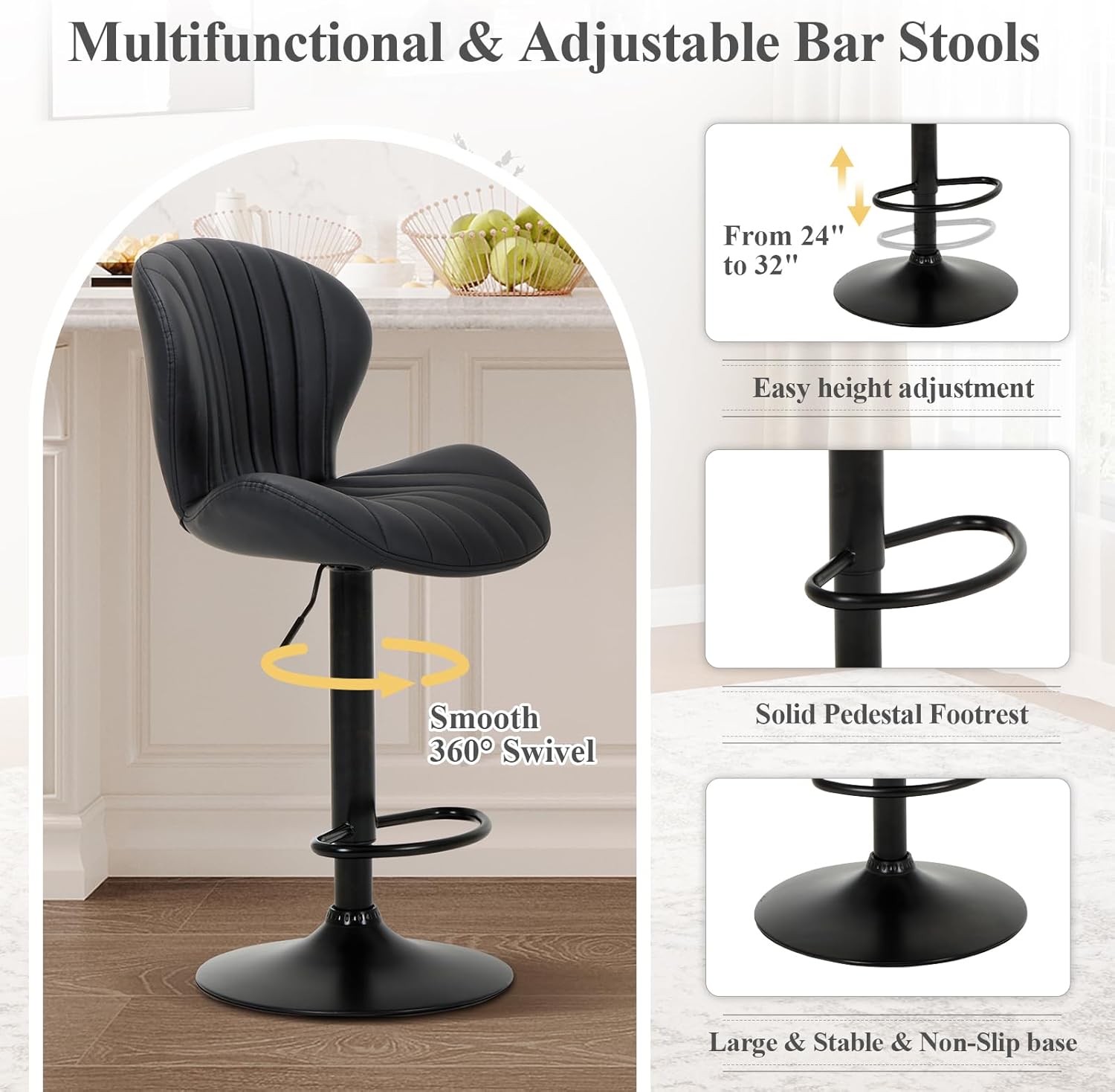 Black Modern Swivel Adjustable Faux Leather Counter Bar Stools Set of 4 with High Backrest