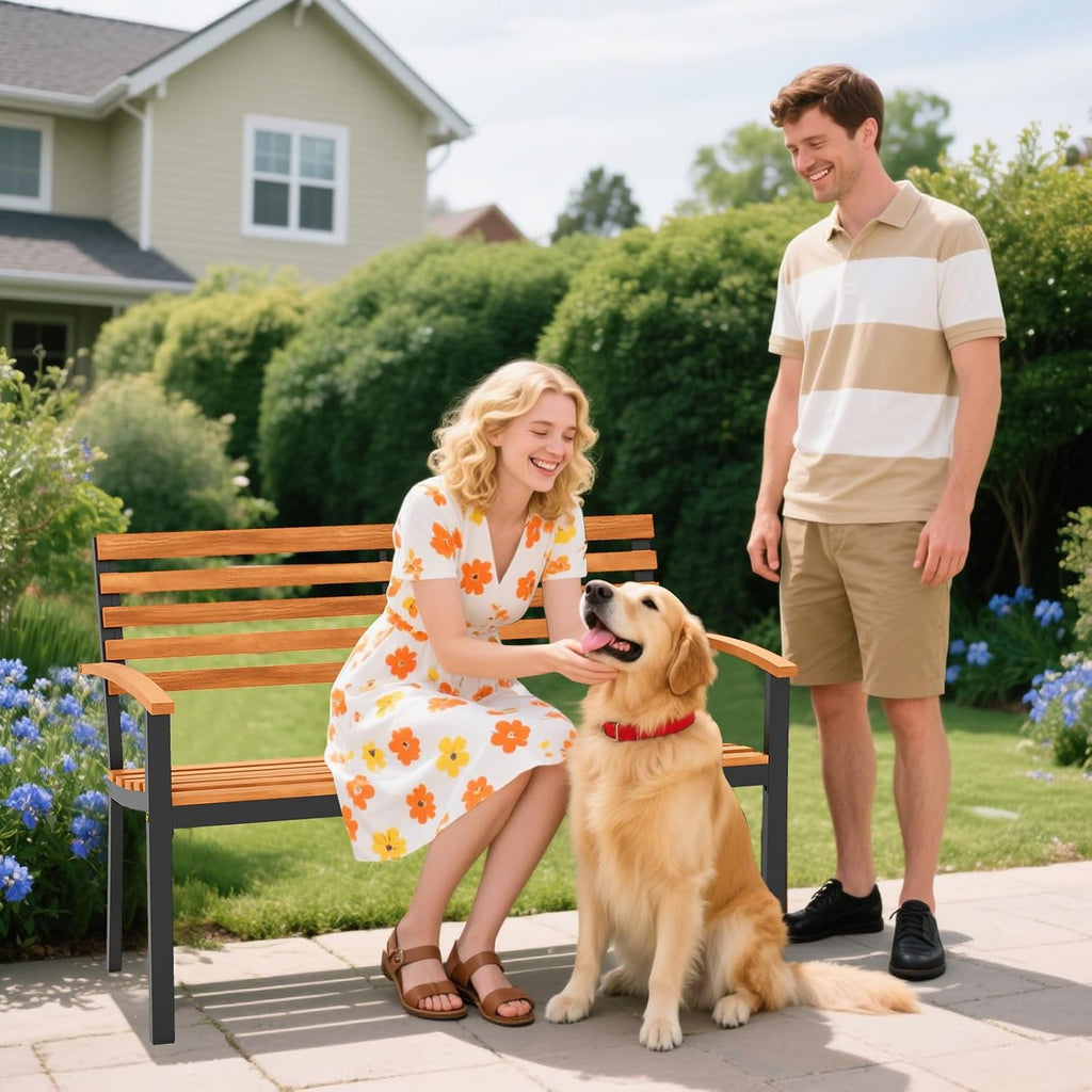 2-Person Acacia Wood Patio Bench with Metal Frame, 800 LBS Capacity