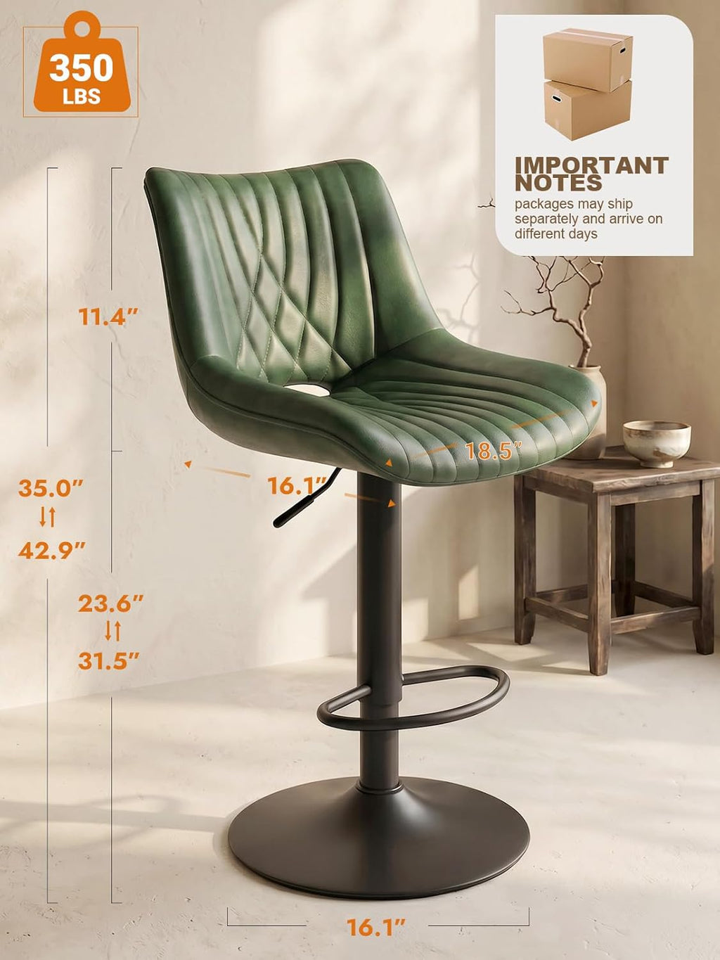 Green Adjustable Swivel PU Leather Counter Bar Stools Set of 2 with Open Back & Footrest