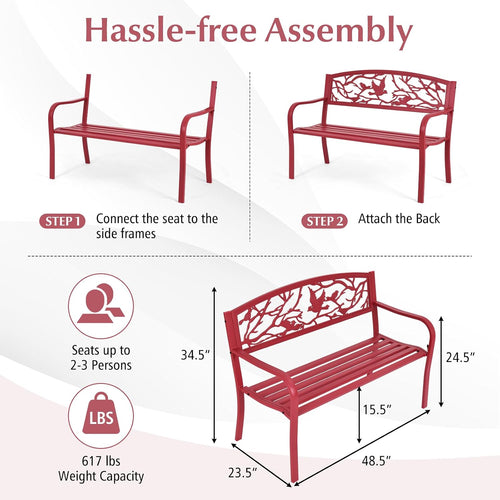 2-3 Seater Metal Patio Bench with Cast Iron Bird Twig Backrest