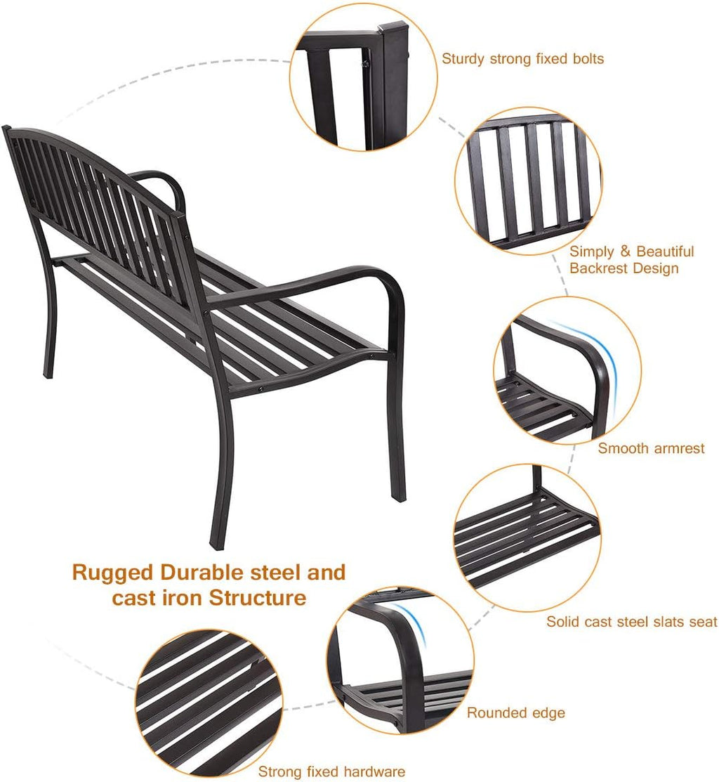 50" Black Steel Frame Outdoor Patio Bench 500 LBS Capacity