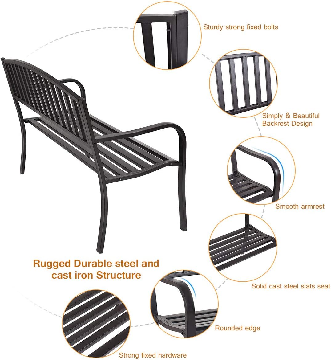 50" Black Steel Frame Outdoor Patio Bench 500 LBS Capacity