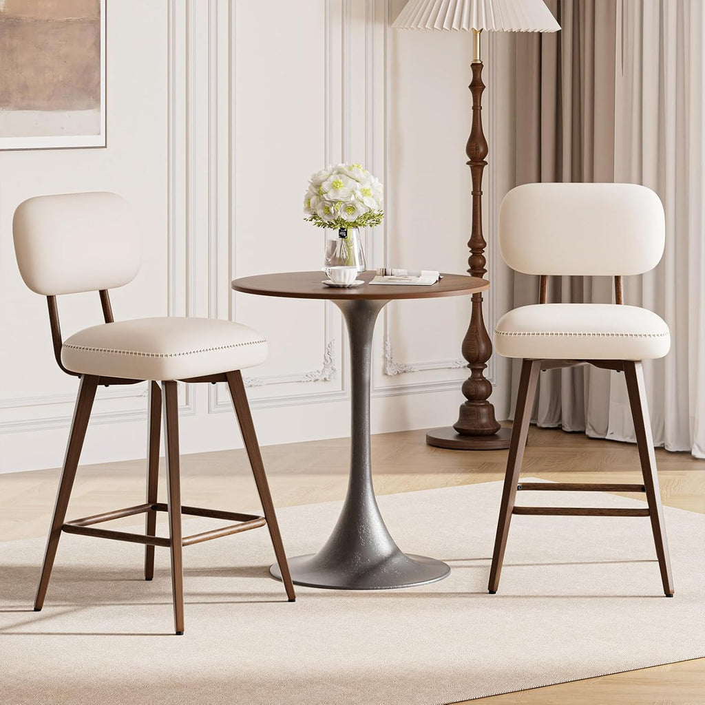 Beige 26in PU Leather Swivel Counter Bar Stools Set of 2 with Low Back Metal Legs