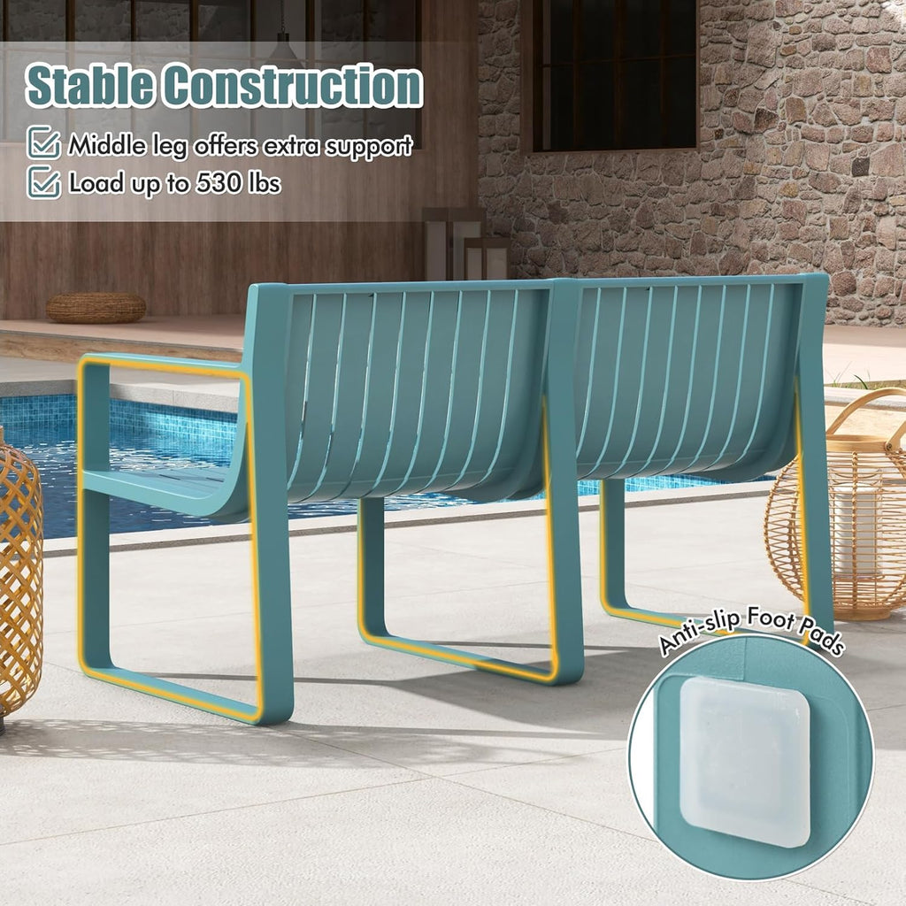 Tangkula Patio Loveseat, Weather-Resistant Plastic 2-Person Bench with Curved Backrest, Outdoor Conversation Furniture with Slatted Design for Patio, Poolside, Backyard, Garden, Deck, Lawn (Blue)