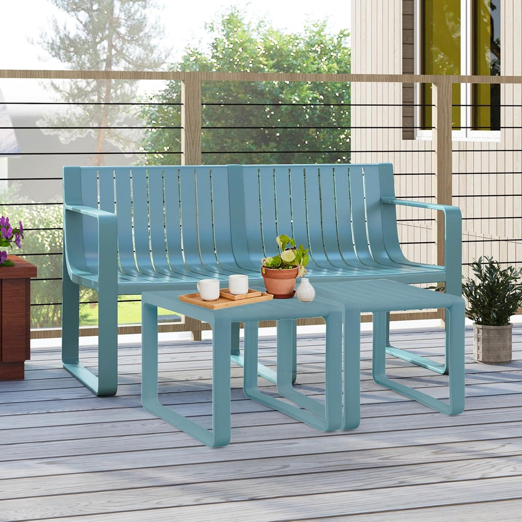 Tangkula Patio Loveseat, Weather-Resistant Plastic 2-Person Bench with Curved Backrest, Outdoor Conversation Furniture with Slatted Design for Patio, Poolside, Backyard, Garden, Deck, Lawn (Blue)