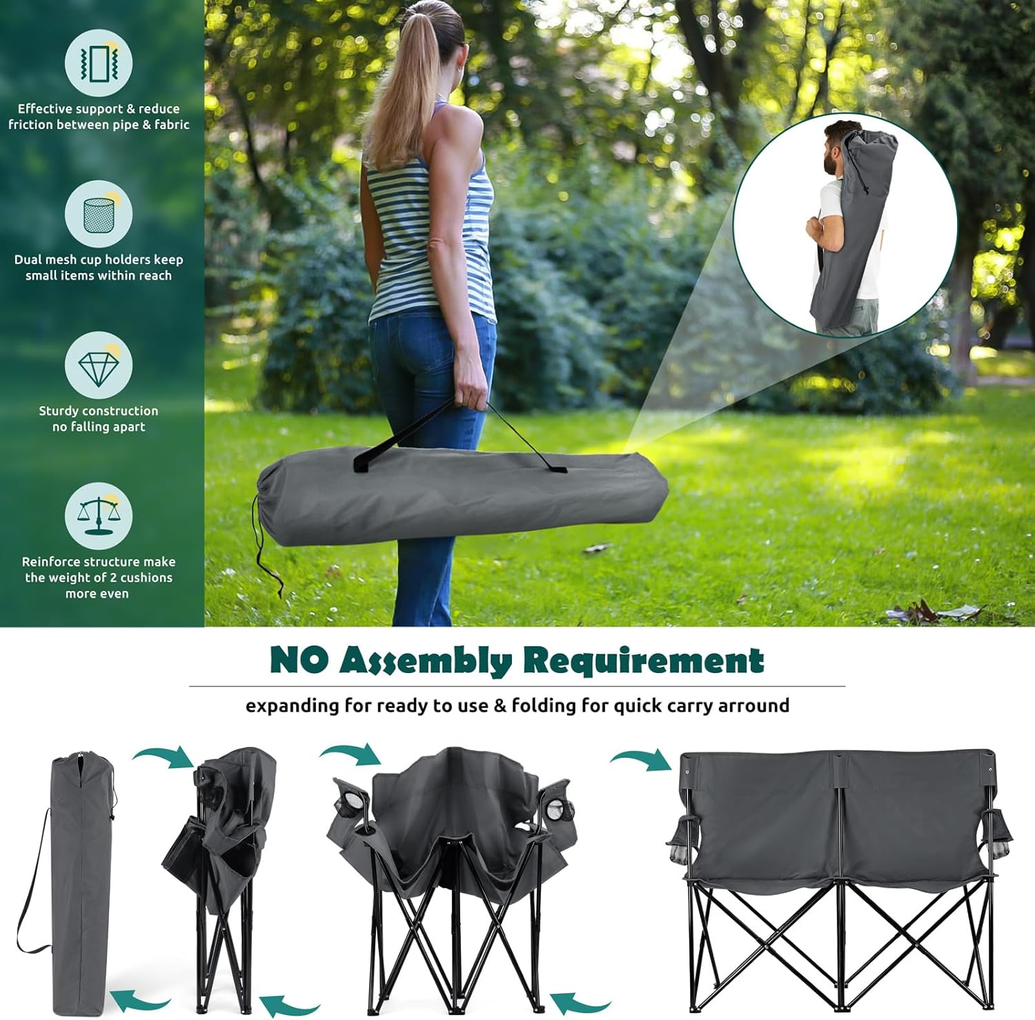 Grey Double Seat Foldable Camping Chair with Storage Bag