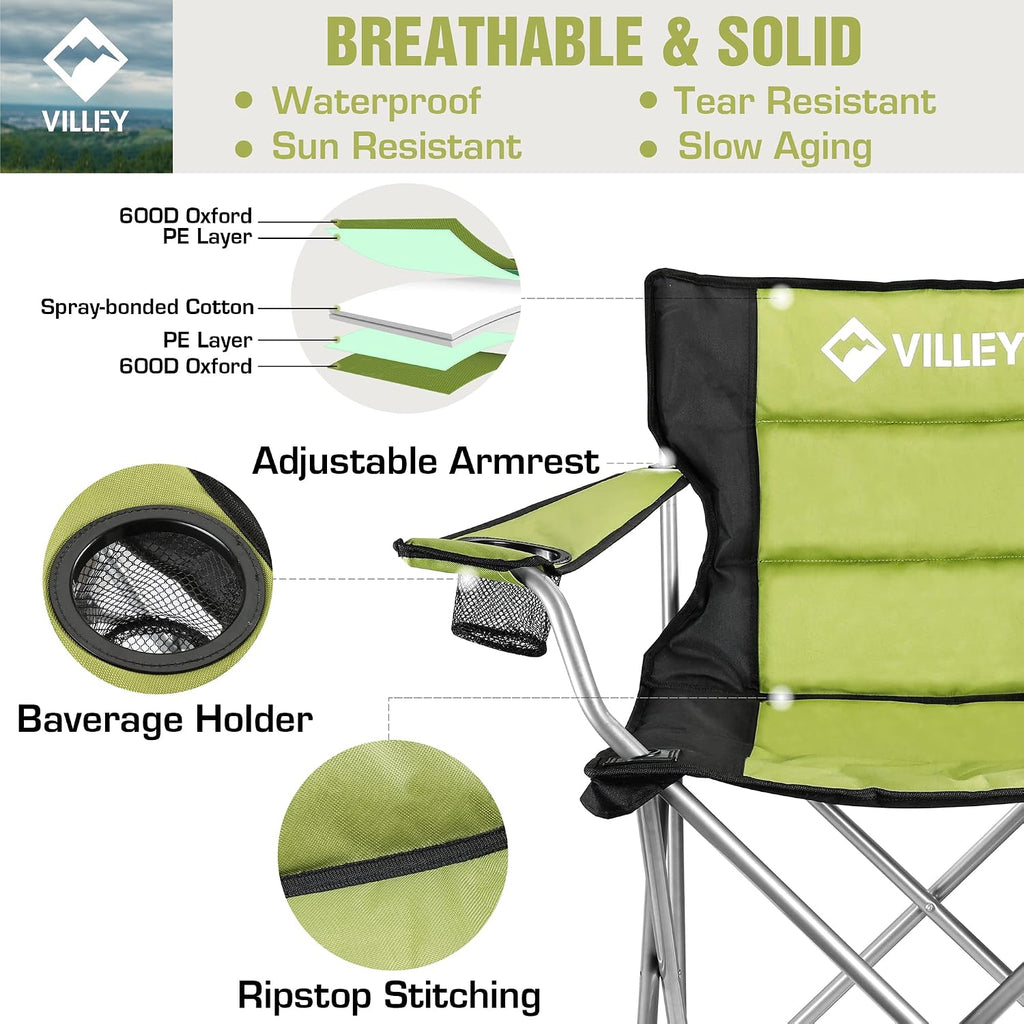 Green Padded High Back Folding Camping Chair with Cup Holder & Carry Bag