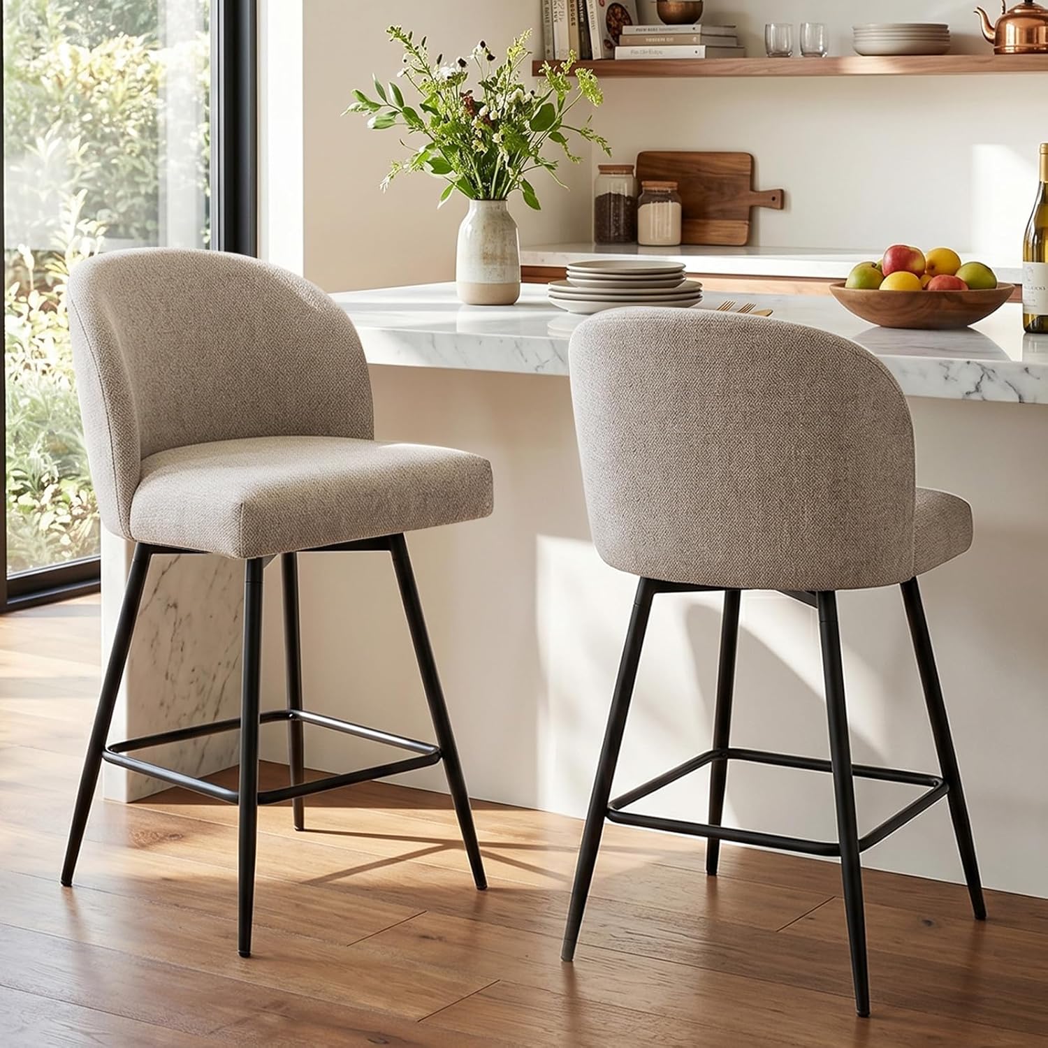 26" Redish Sand Linen Swivel Counter Bar Stools Set of 2 with Back & Metal Legs