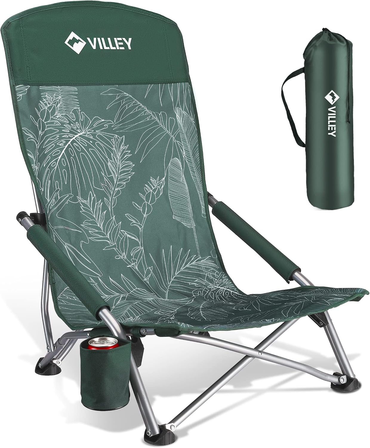 Vintage Green Leaves High Back Folding Beach Chair with Cup Holder & Carry Bag