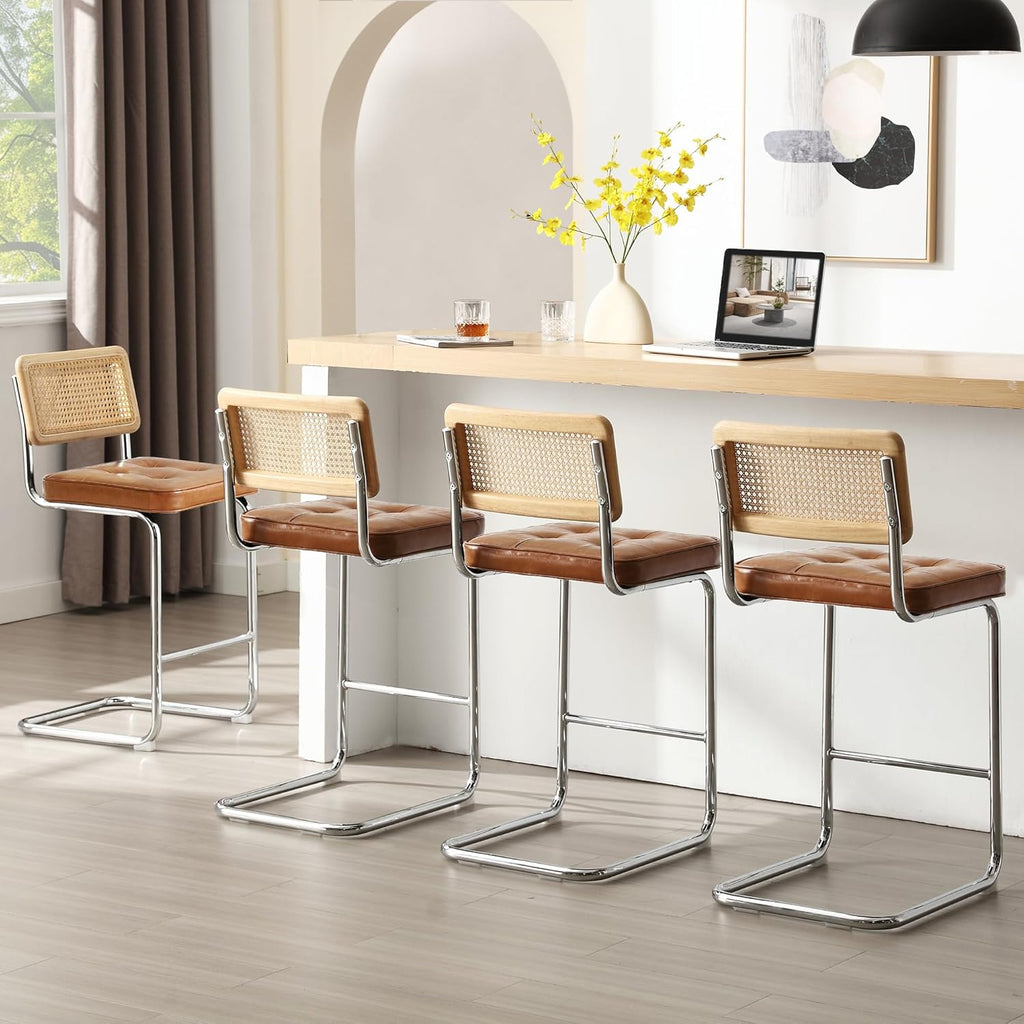 26in Brown Faux Leather Rattan Wood Counter Bar Stools Set of 2