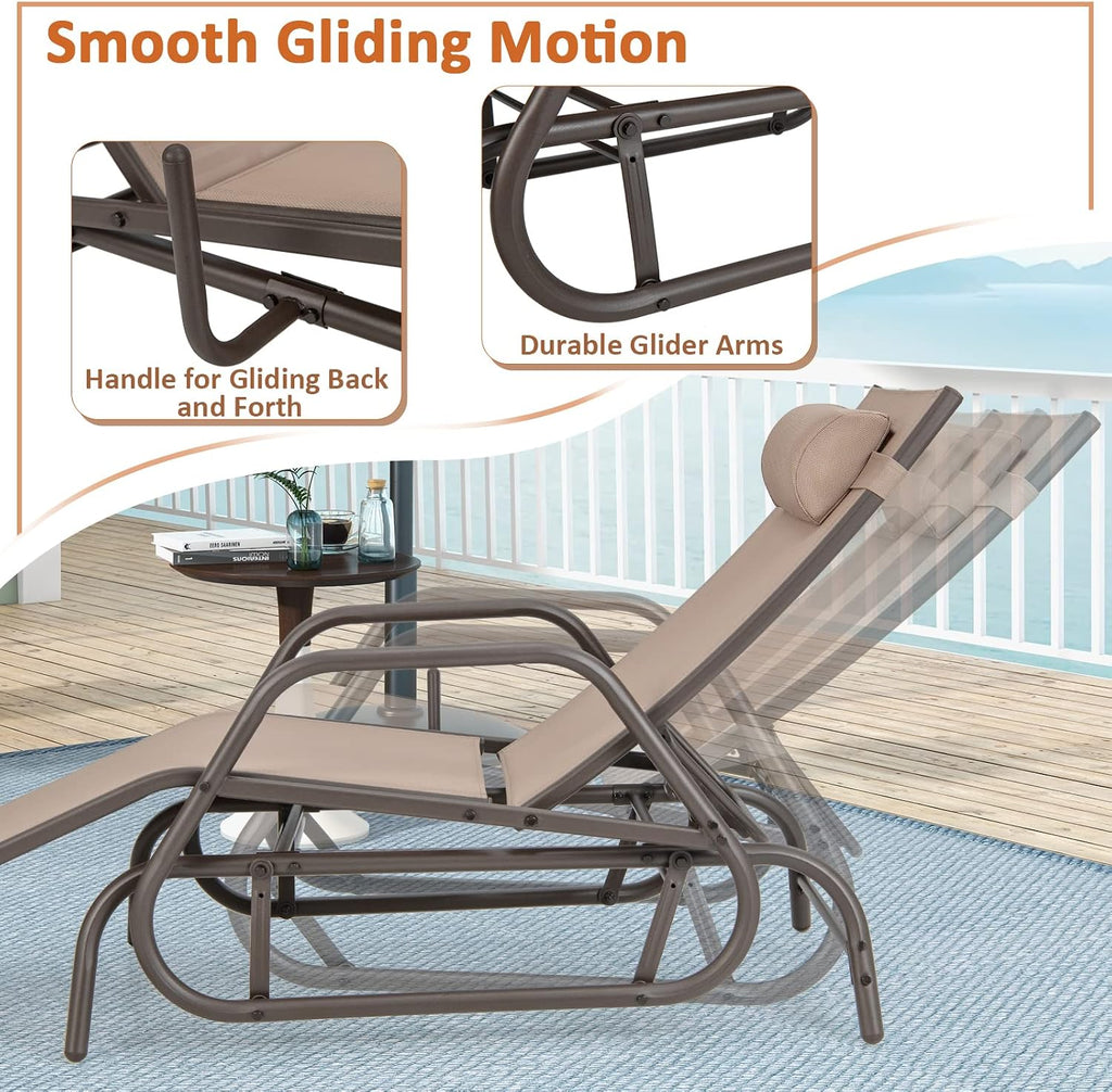 Brown Adjustable Outdoor Glider Recliner with Pillow & Armrests
