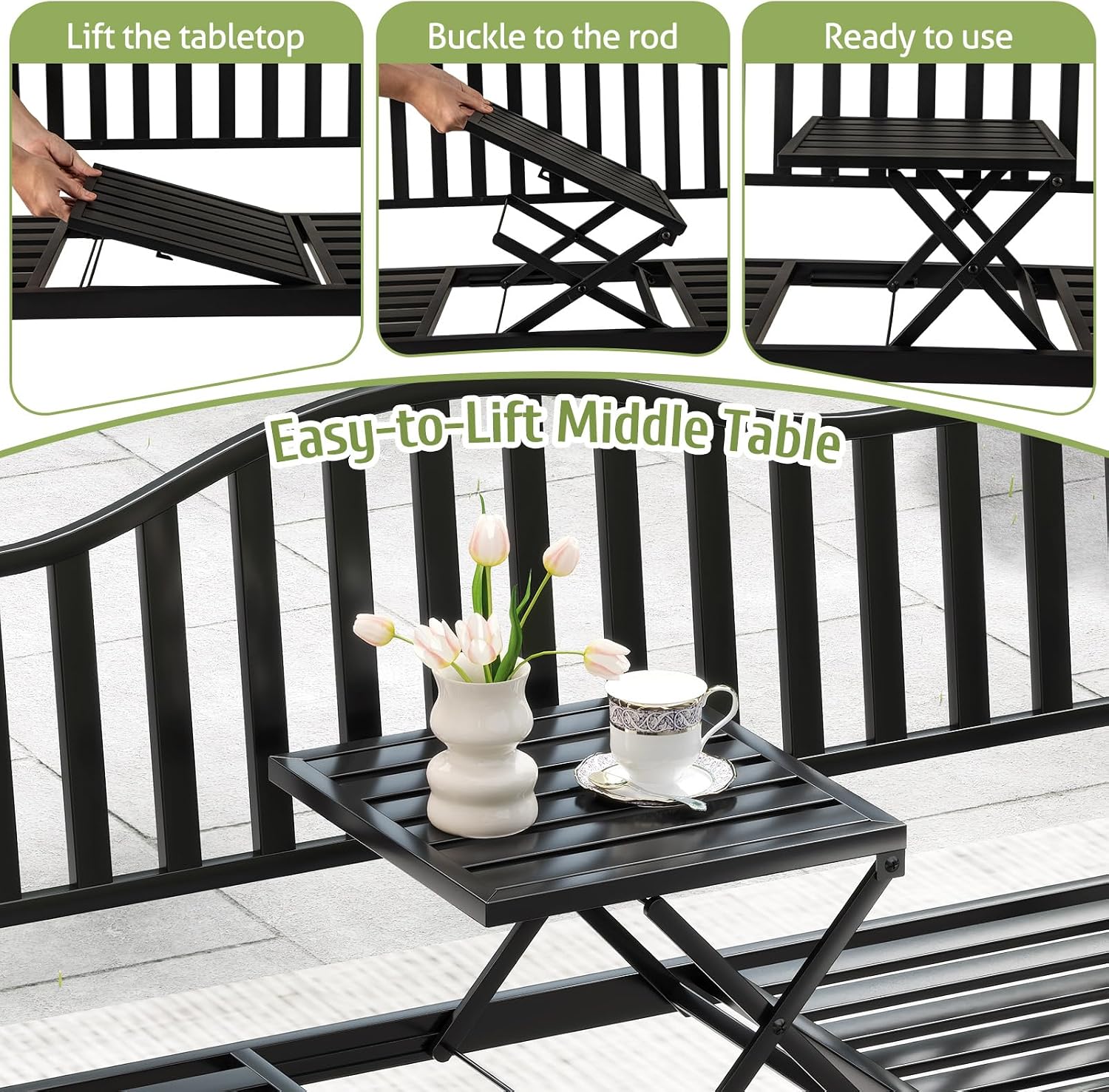 60" Metal 2-3 Person Patio Bench with Pull-Out Table, 660 LBS Capacity