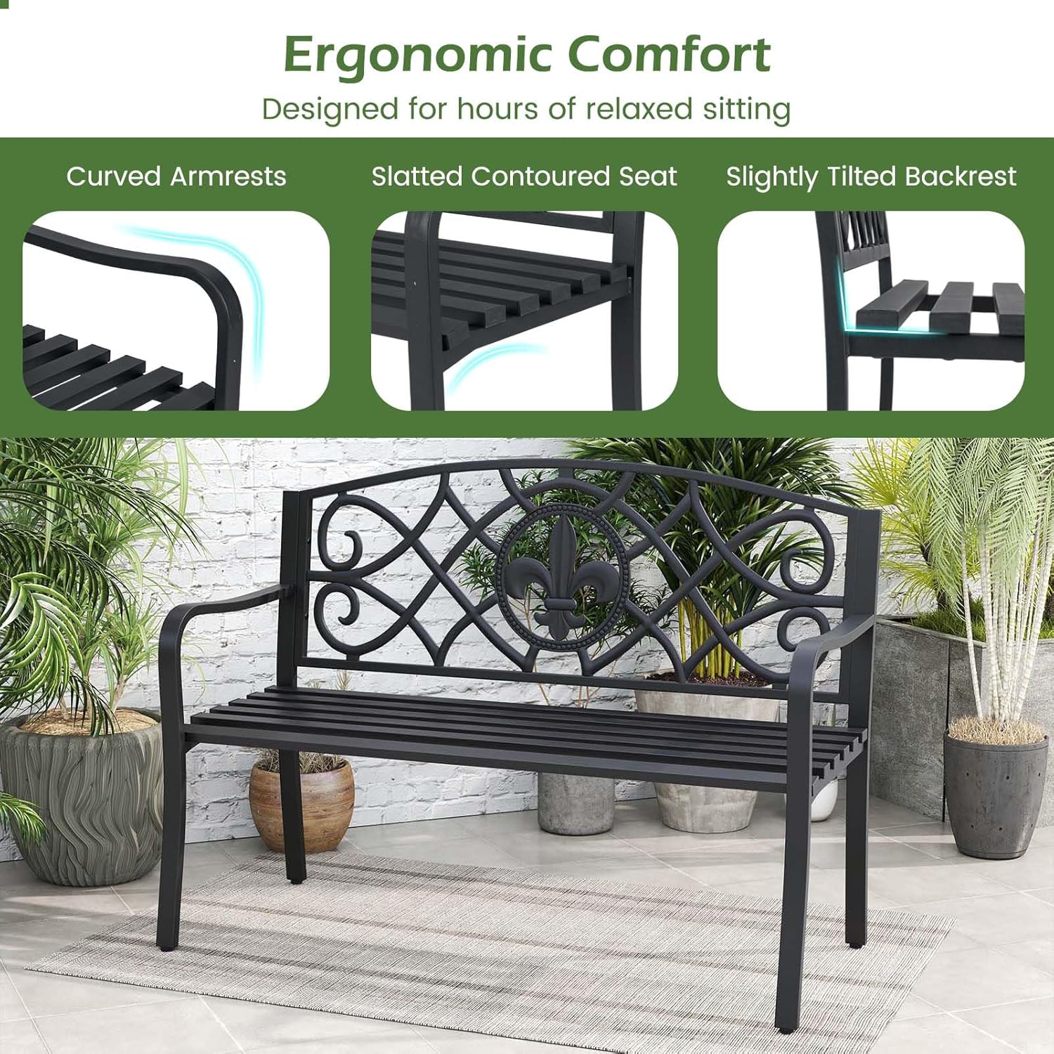 50.5" Black Floral Cast Iron Back Metal Outdoor Bench 660 LBS