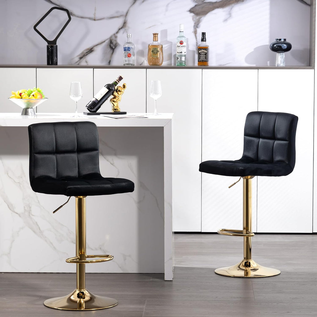Black Gold Velvet Adjustable Swivel Bar Stools Set of 2 with Footrest