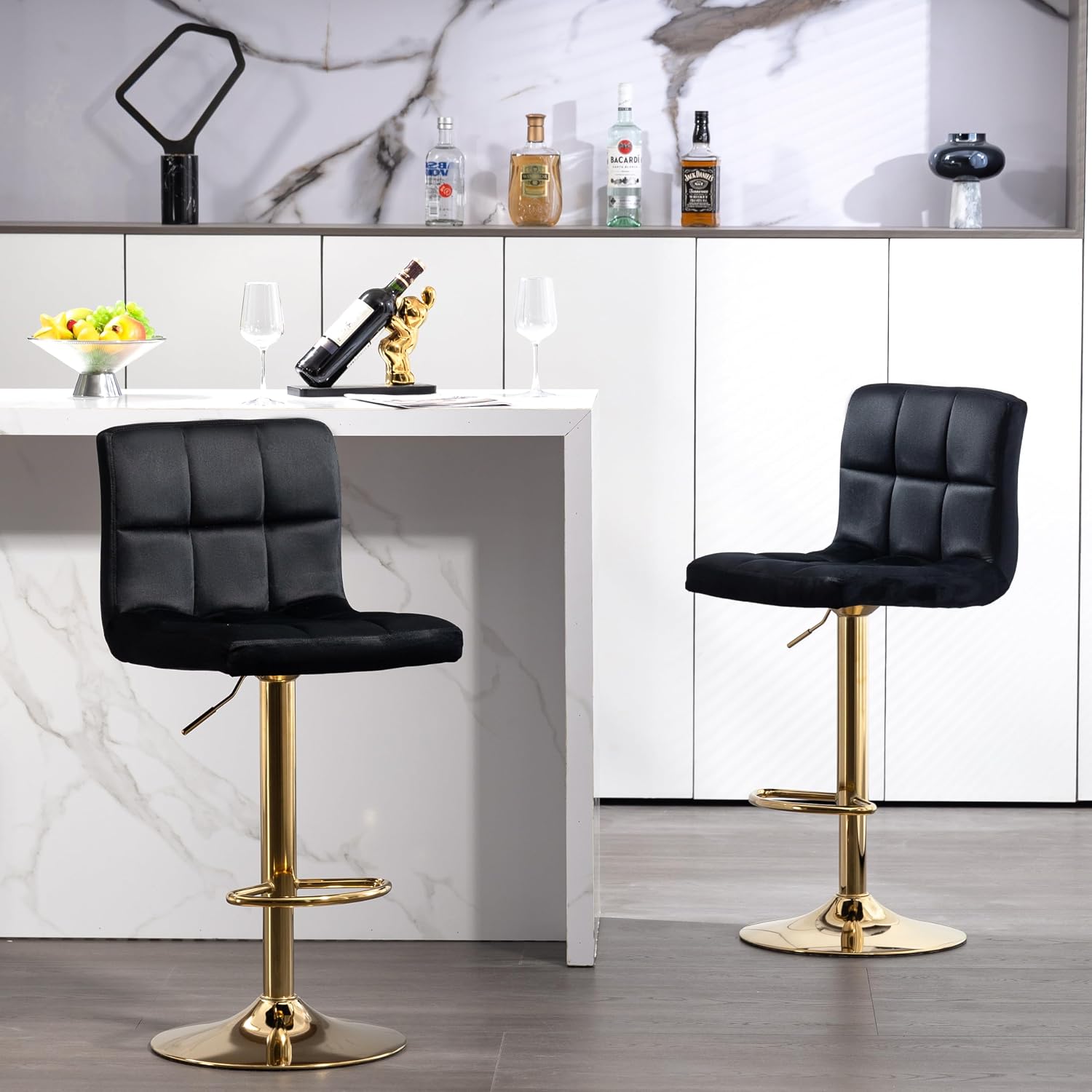 Black Gold Velvet Adjustable Swivel Bar Stools Set of 2 with Footrest