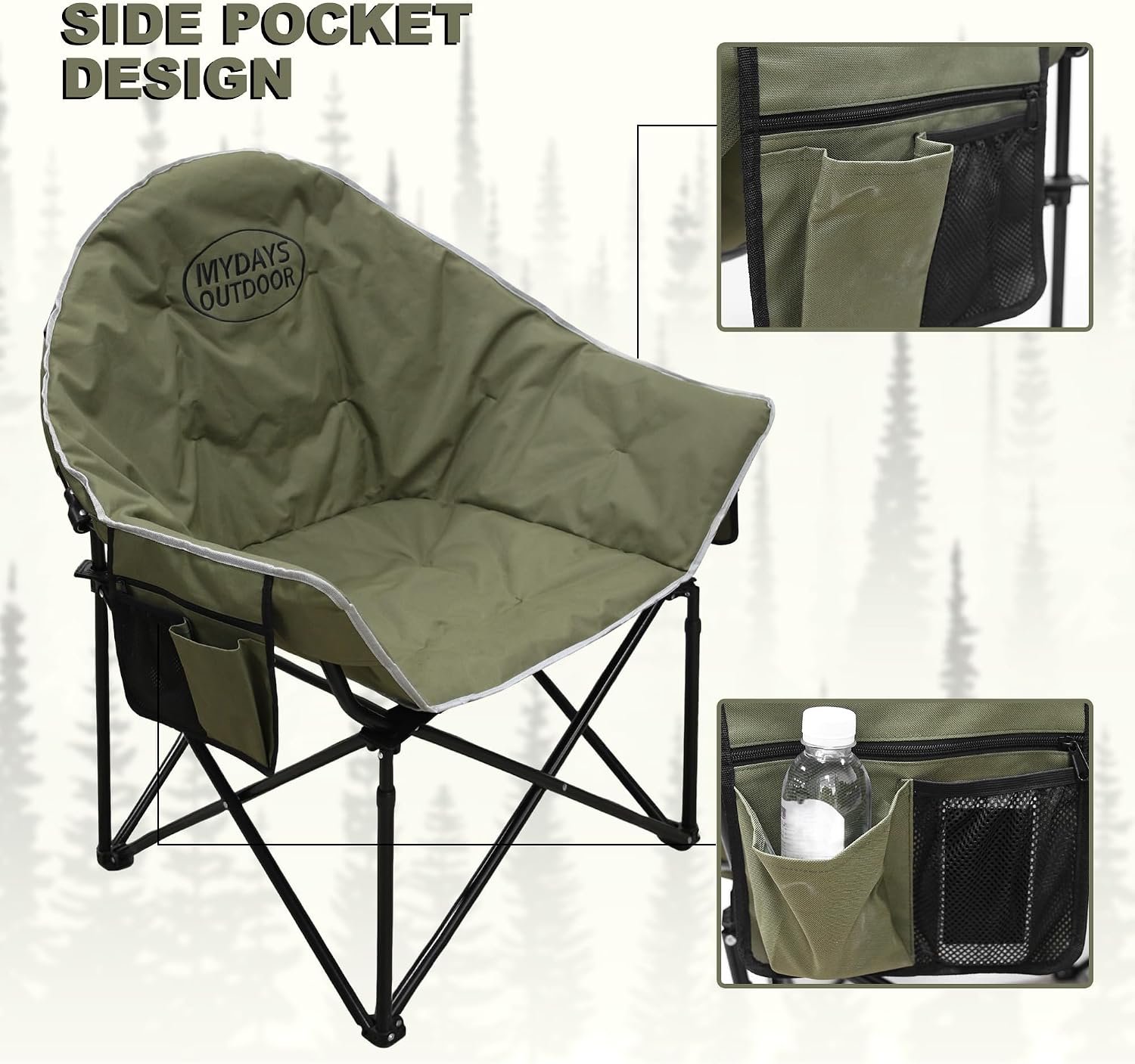 Green Oversized Padded Folding Camping Chair 400lbs with Side Pocket