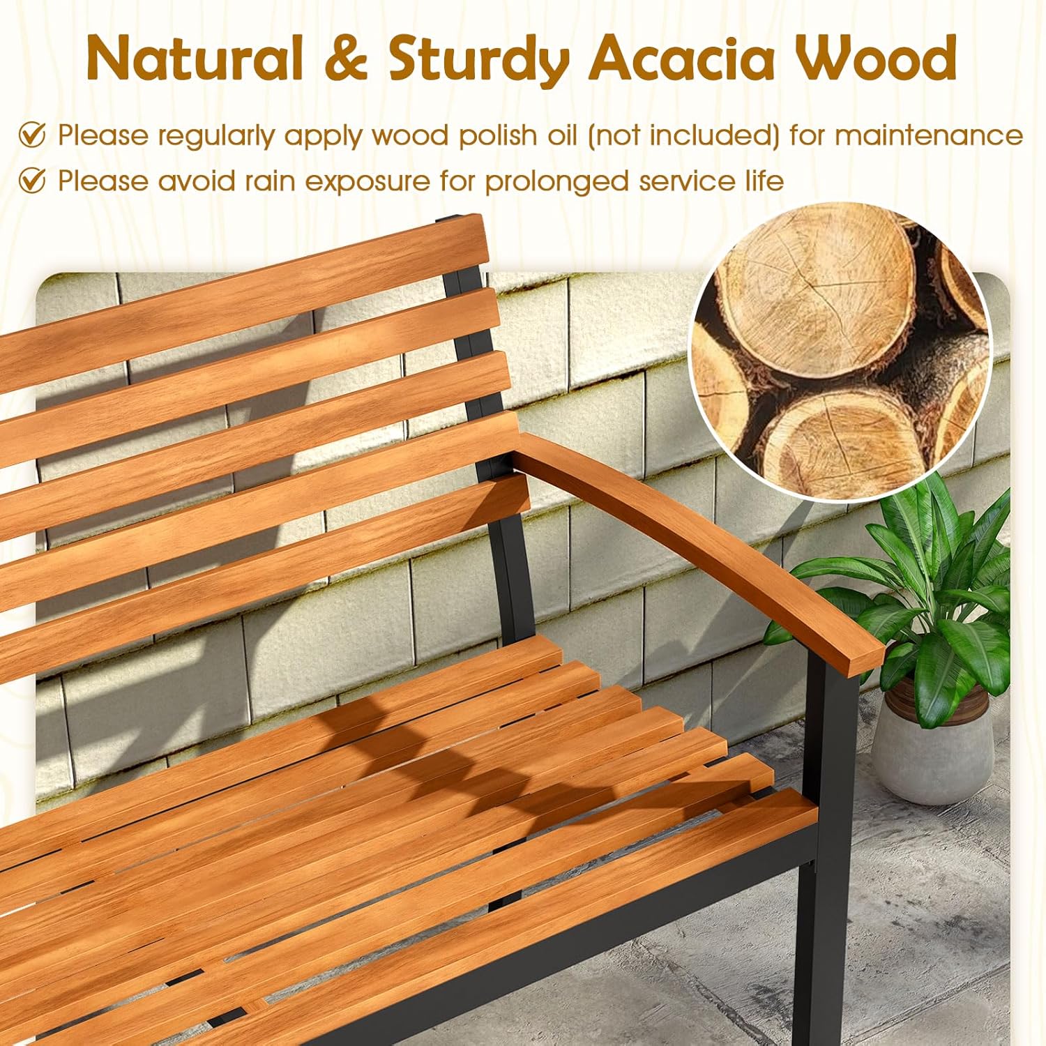 2-Person Acacia Wood Patio Bench with Metal Frame, 800 LBS Capacity