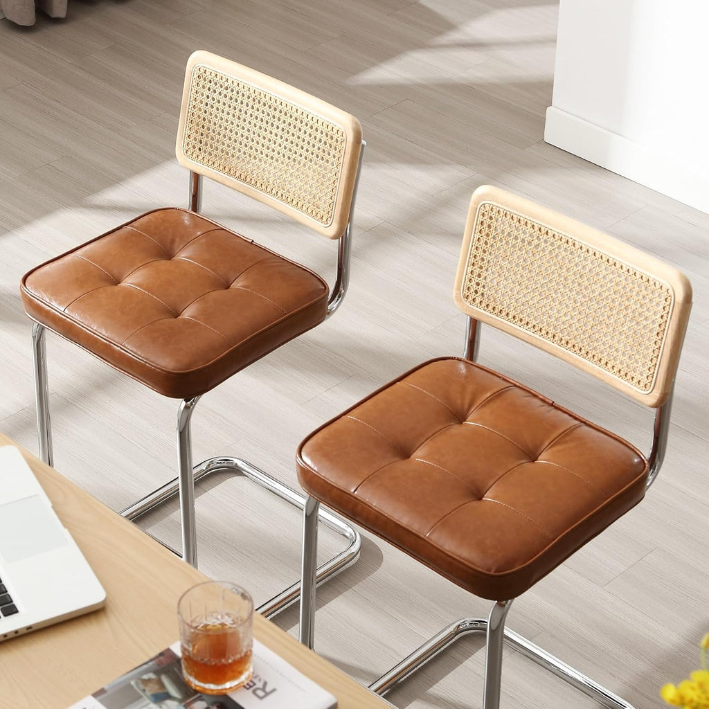 26in Brown Faux Leather Rattan Wood Counter Bar Stools Set of 2