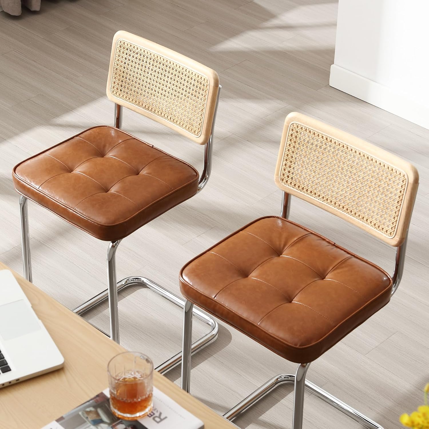 26in Brown Faux Leather Rattan Wood Counter Bar Stools Set of 2