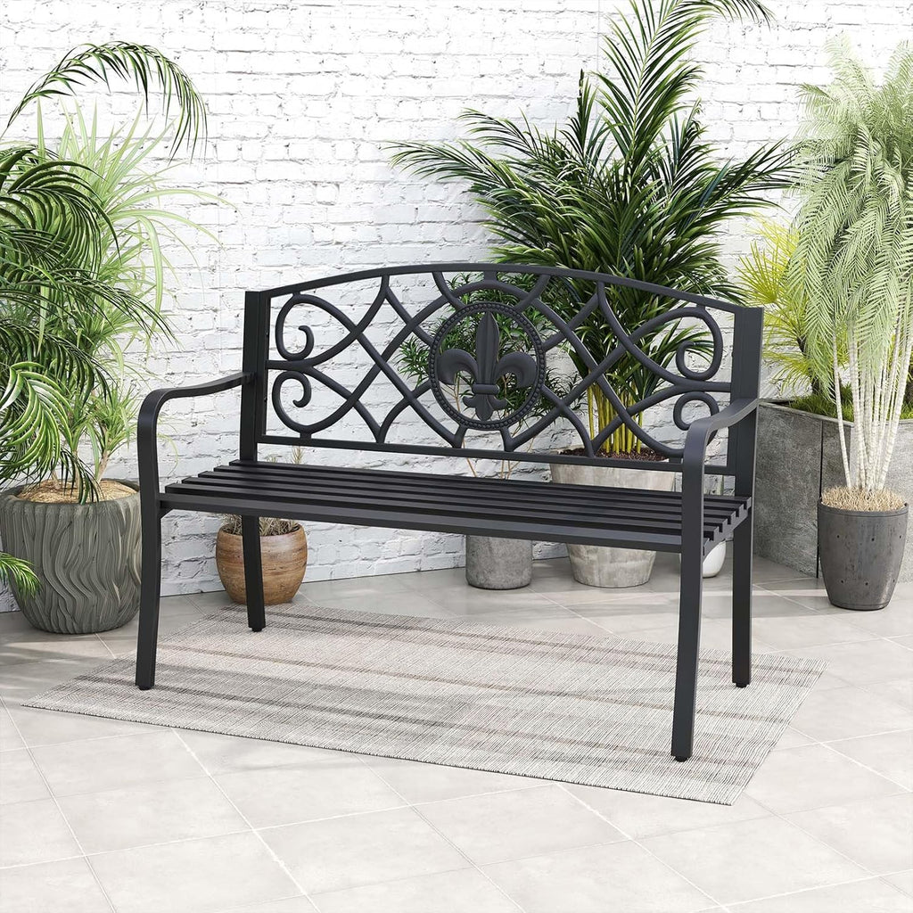 50.5" Black Floral Cast Iron Back Metal Outdoor Bench 660 LBS