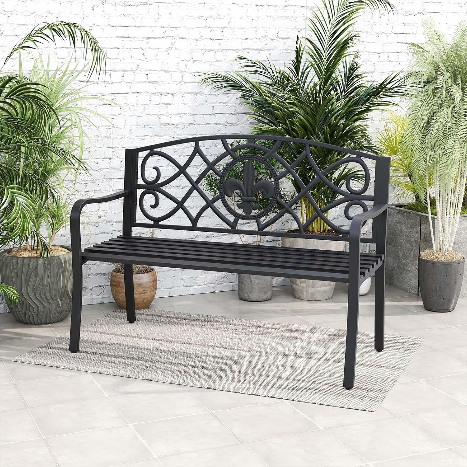 50.5" Black Floral Cast Iron Back Metal Outdoor Bench 660 LBS