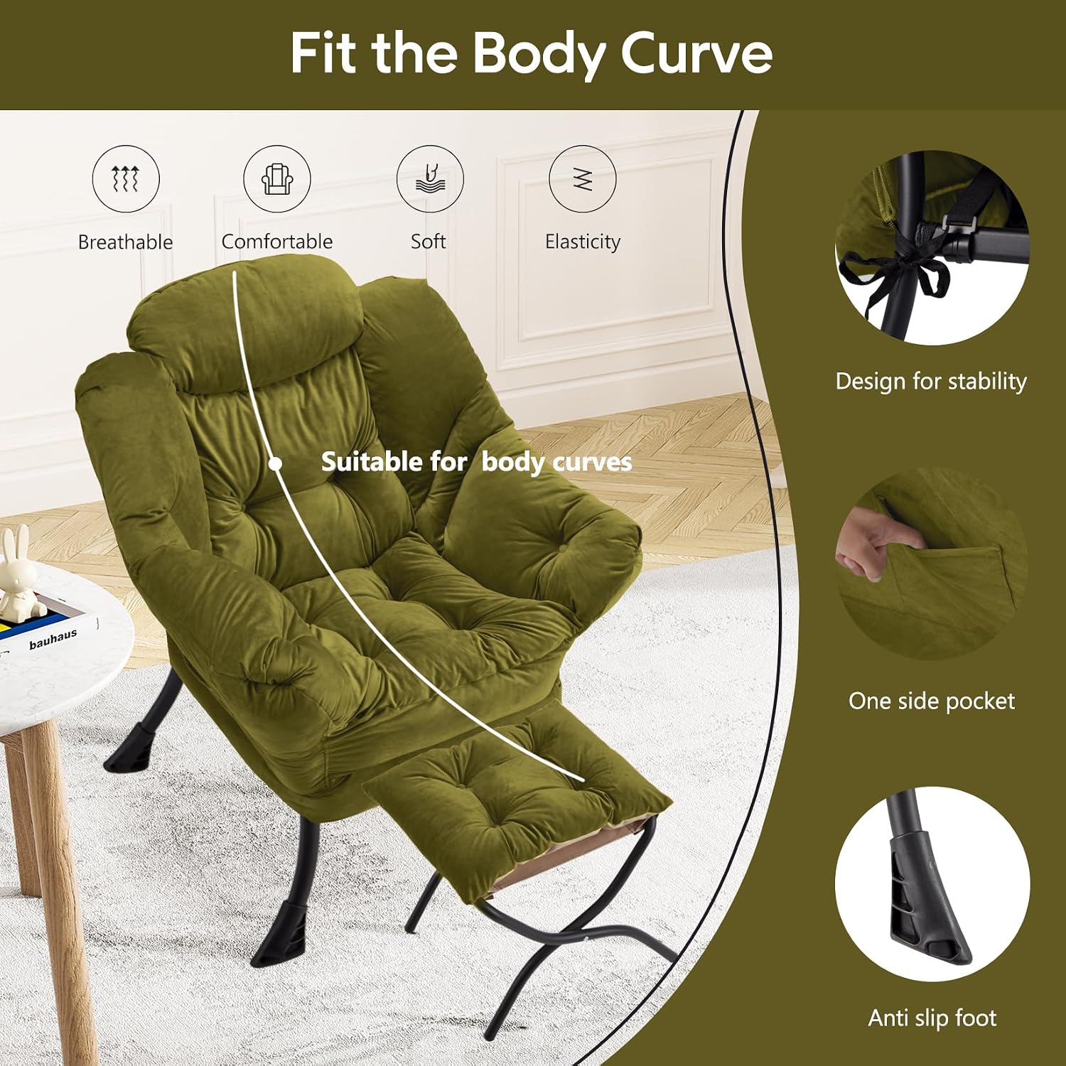 Green Folding Ottoman Accent Lounge Lazy Chair with Armrests