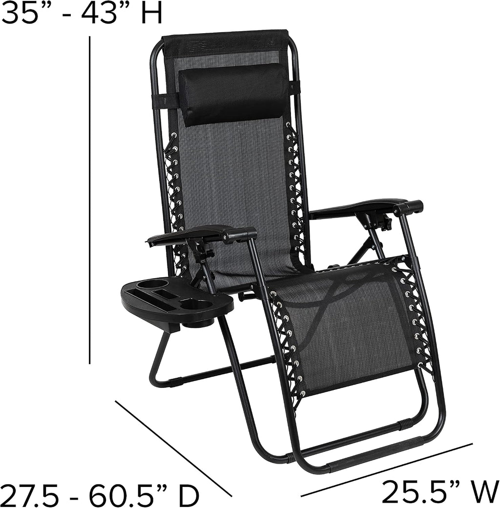 Flash Furniture Set of 2 Black Zero Gravity Lounge Chairs with Pillow & Cup Holder